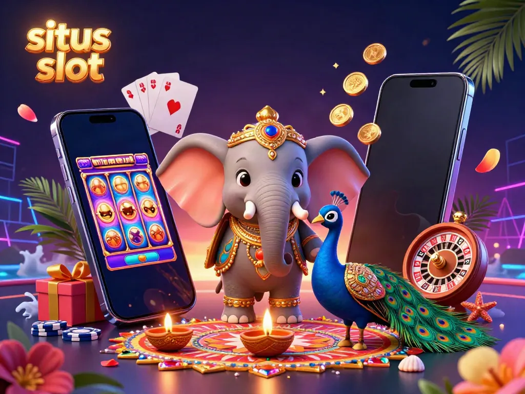 Engage with the vibrant world of situs slot as a Diwali-themed elephant and peacock celebrate with colorful slot elements and dynamic game features.