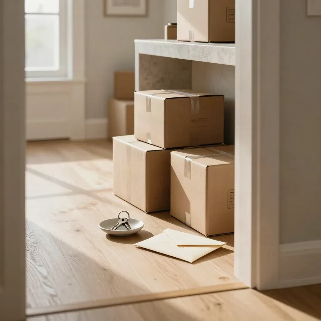 Condo entry with moving boxes, new keys and a sealed envelope in warm morning light.