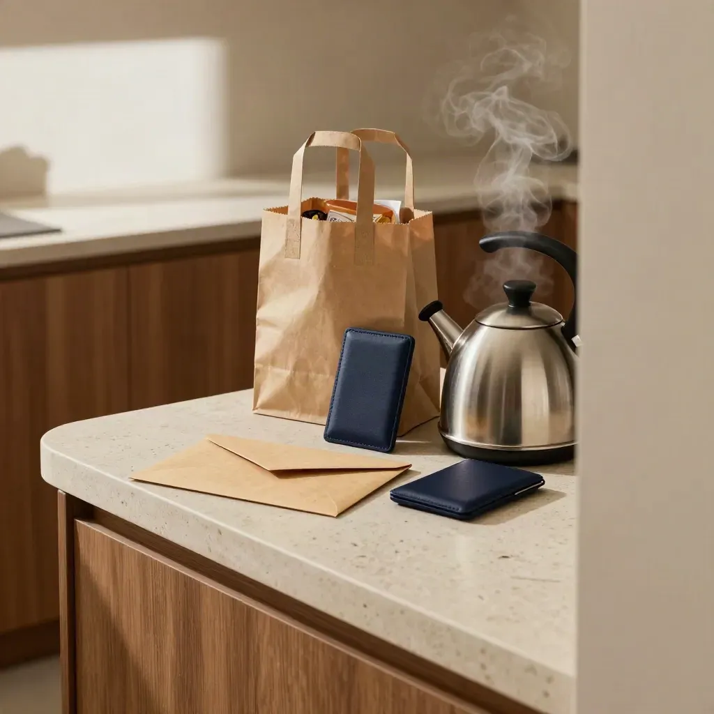 Cash envelope, navy card case and grocery bag beside a steaming kettle on a travertine counter.