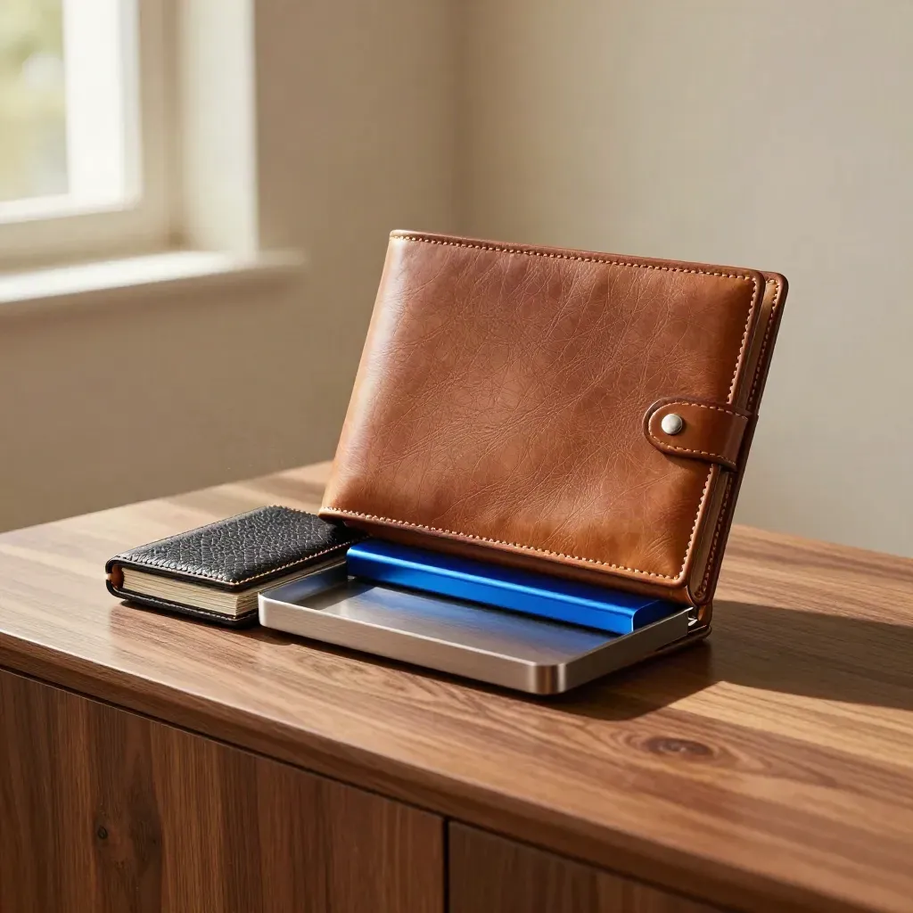 Leather folio, card sleeves, and metal payment tray stacked on a warm walnut surface.