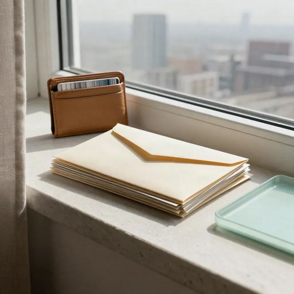 Envelope stack and wallet on a Calgary condo ledge with soft winter skyline light.