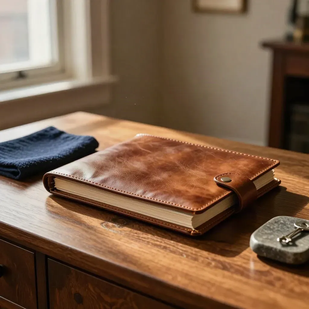 Leather folio with nested card sleeves on a Toronto townhouse entry table in warm window light