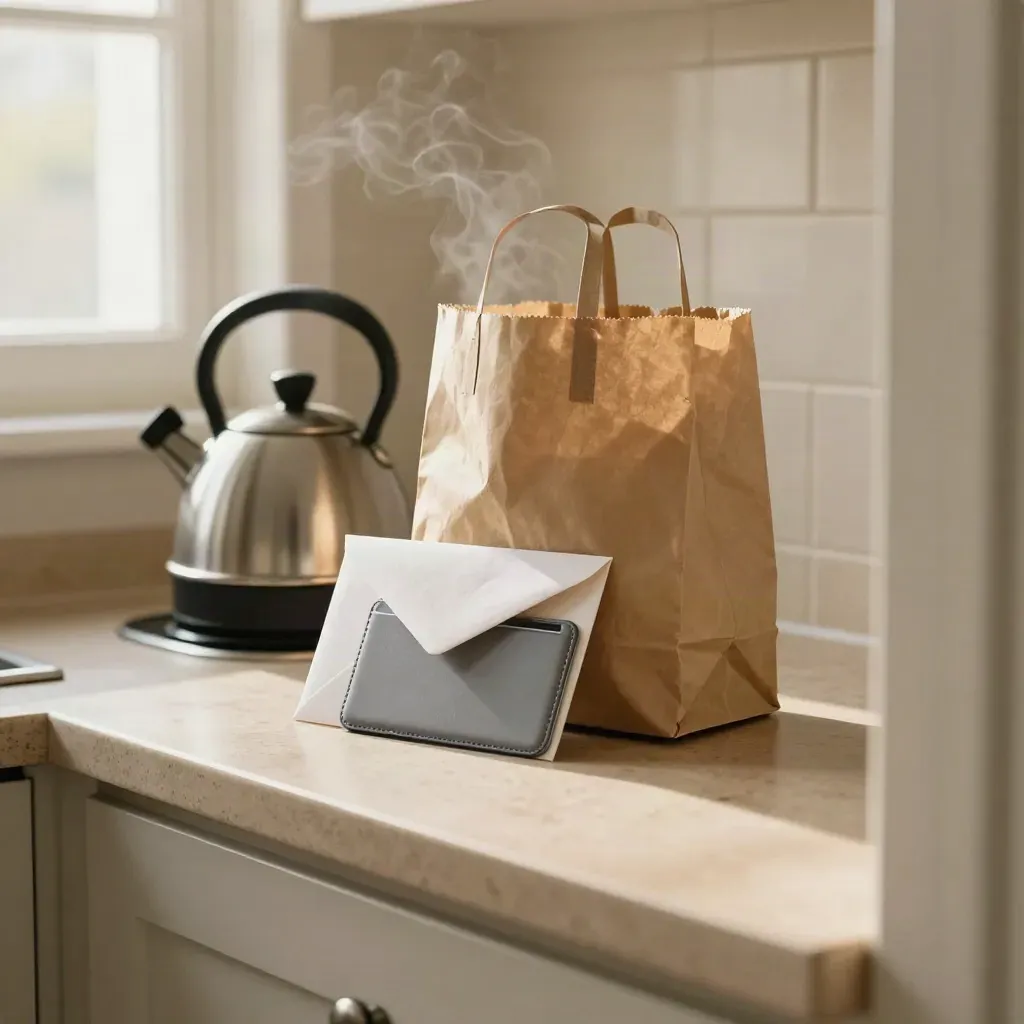 Cash envelope, transit card case, and grocery bag beside steaming kettle on a kitchen counter.