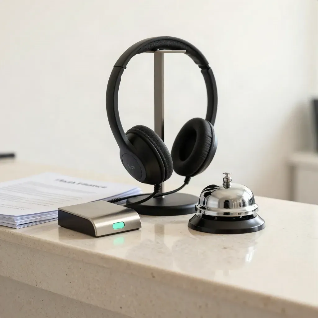 Headset, chrome bell, and desk dock on travertine with a file edge and mint glow.