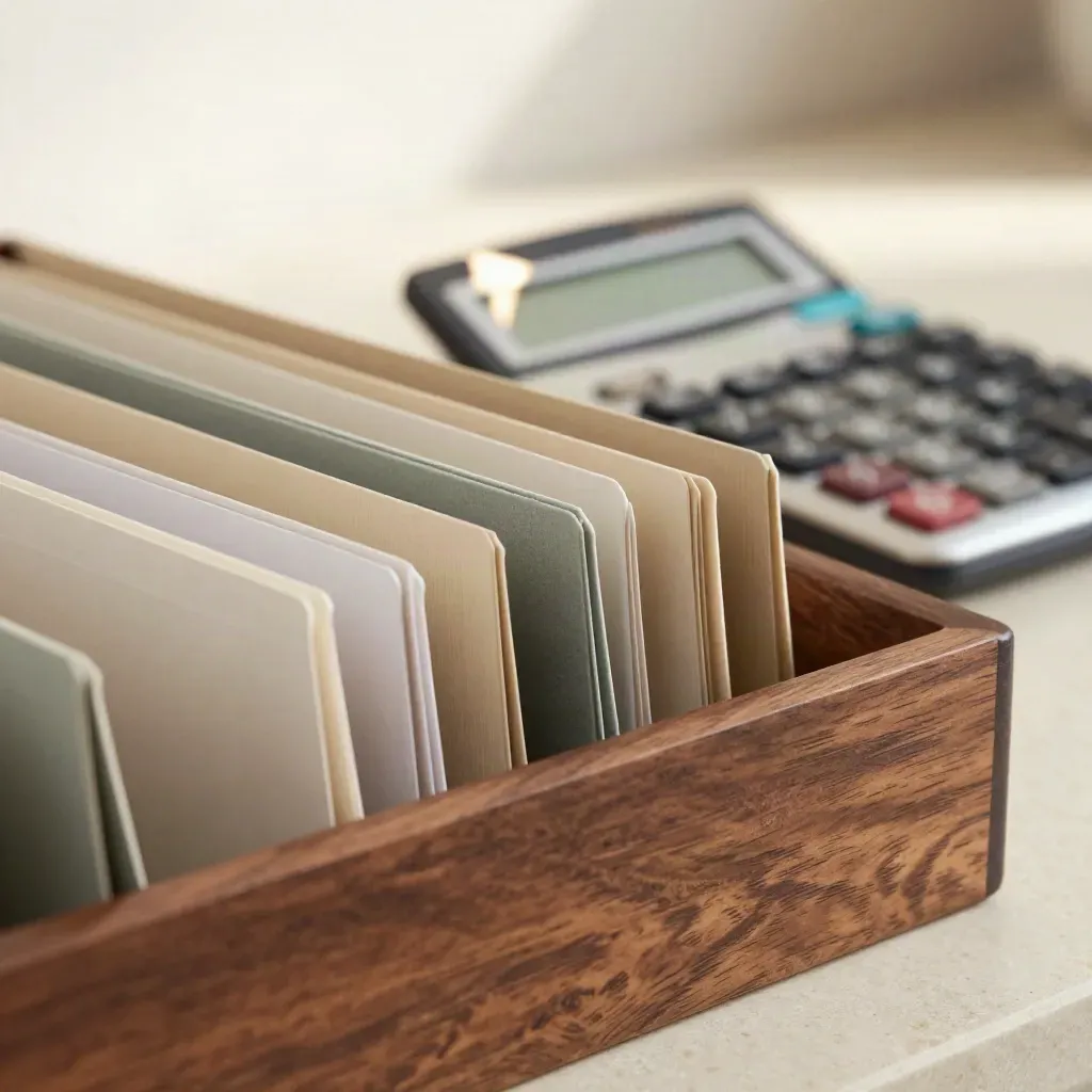 Macro of finance file tabs, calculator edge and metal paperweight on a walnut tray.