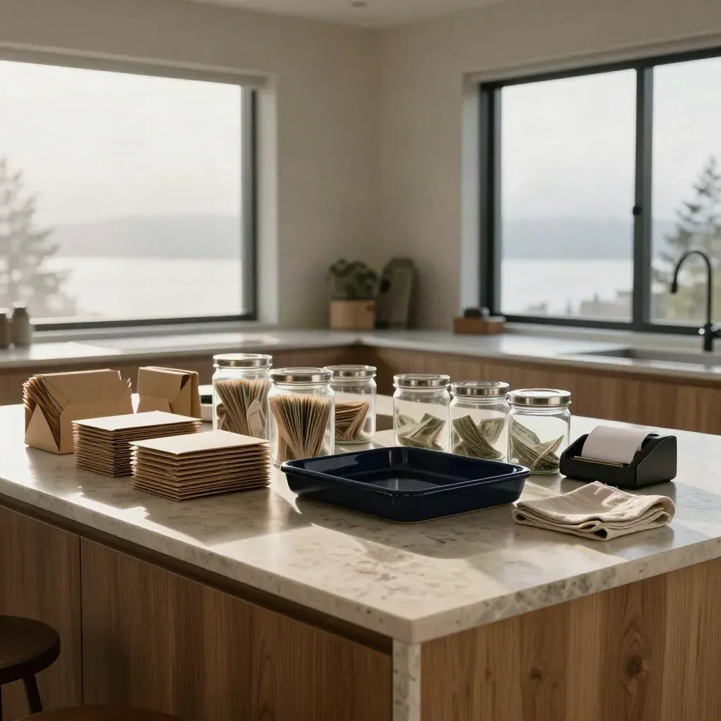 A calm kitchen island with budget envelopes, pantry jars, and a bill tray in a moody Vancouver home.