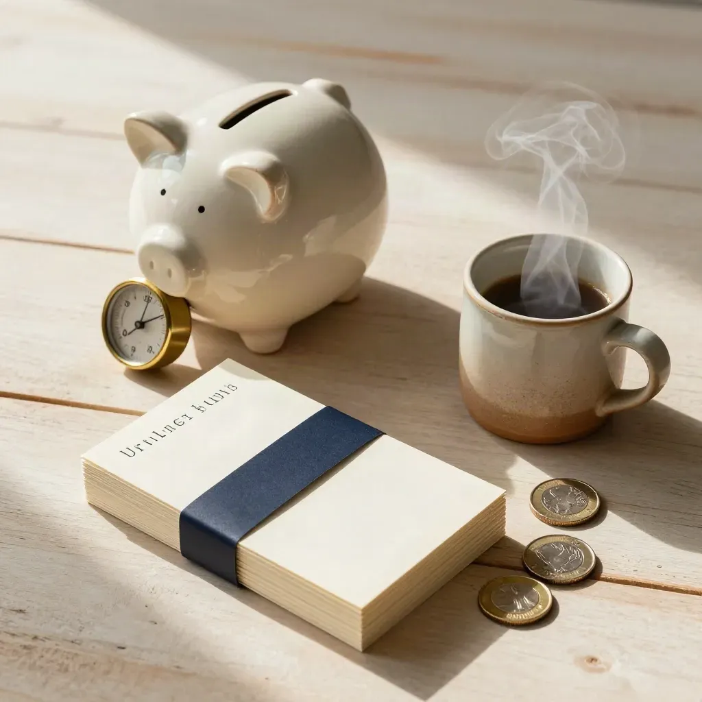 Ceramic savings jar with brass tally counter, navy accent card, mug steam, on pale wood.