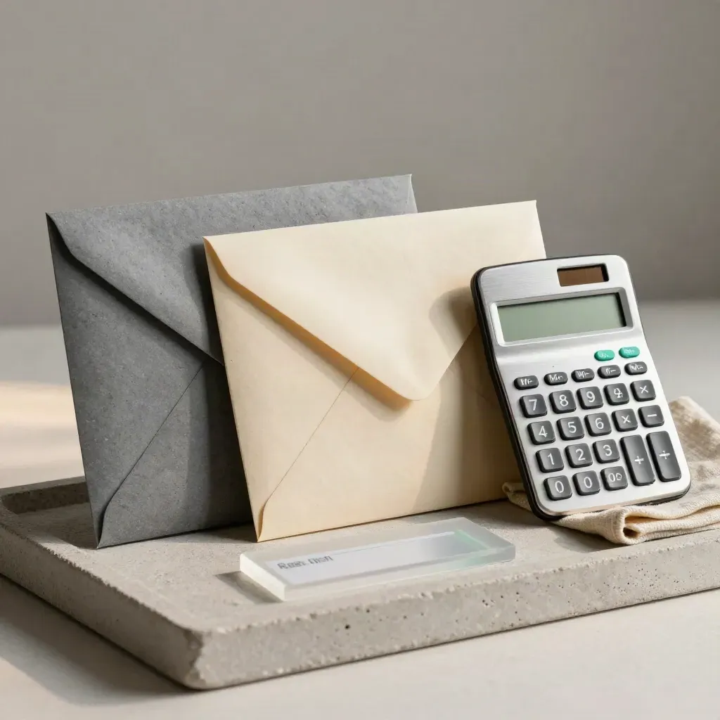 Three sealed mailers, calculator, linen cloth and frosted card on a stone tray under soft side light.