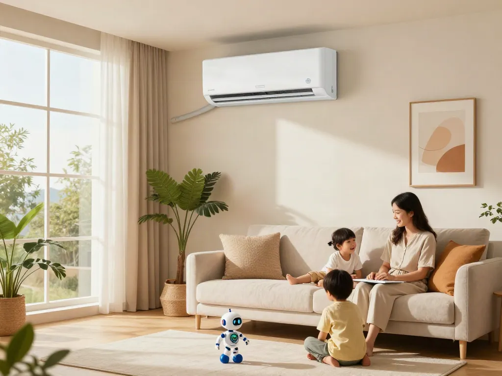 Ductless AC cooling a family in a modern living room.