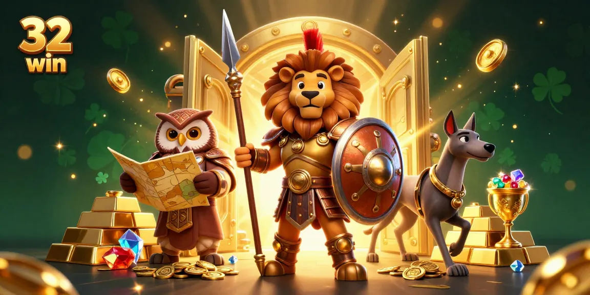 Experience thrilling gaming with 32 win in a vibrant casino illustration featuring engaging characters and golden treasures.